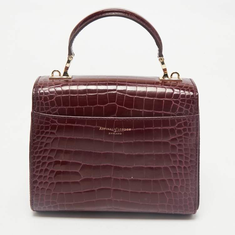 Pre Owned Aspinal of London Burgundy Croc Embossed Leather Small Mayfair Top Handle Bag
