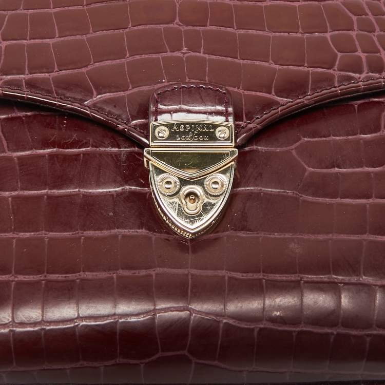 Pre Owned Aspinal of London Burgundy Croc Embossed Leather Small Mayfair Top Handle Bag