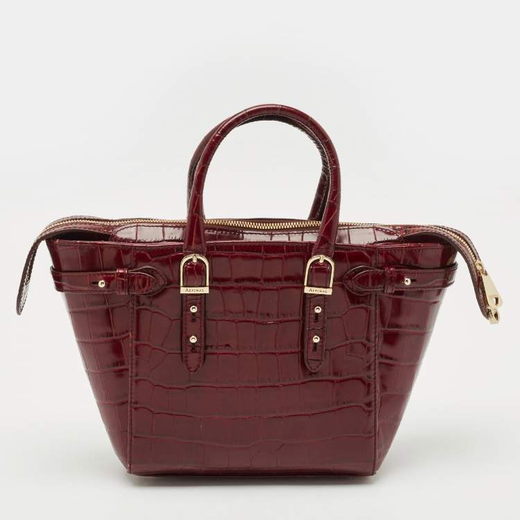 Pre Owned Aspinal of London Burgundy Croc Embossed Leather Marylebone Top Handle Bag