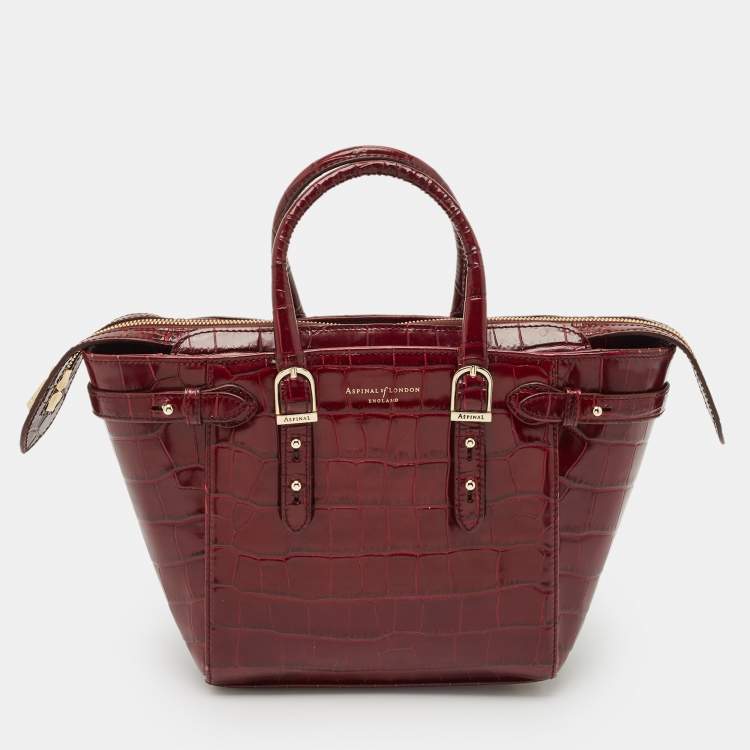 Pre Owned Aspinal of London Burgundy Croc Embossed Leather Marylebone Top Handle Bag