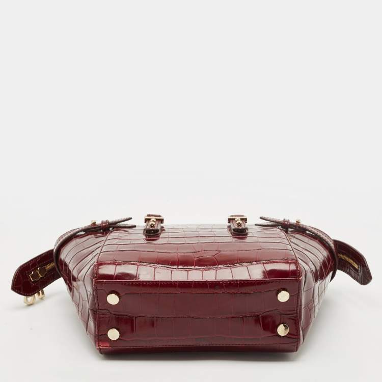Pre Owned Aspinal of London Burgundy Croc Embossed Leather Marylebone Top Handle Bag
