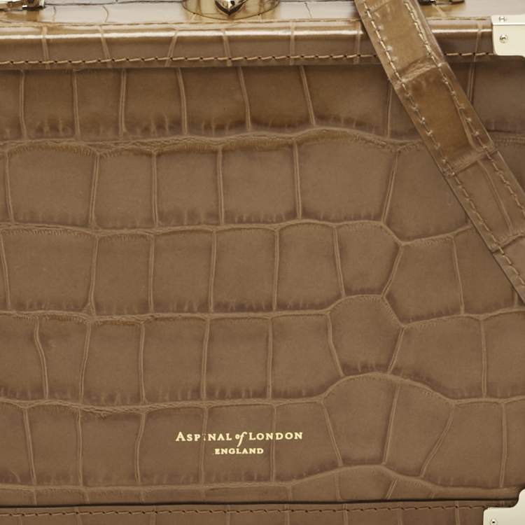 Pre Owned Aspinal Of London Tan Croc Embossed Leather Trunk Top Handle Bag