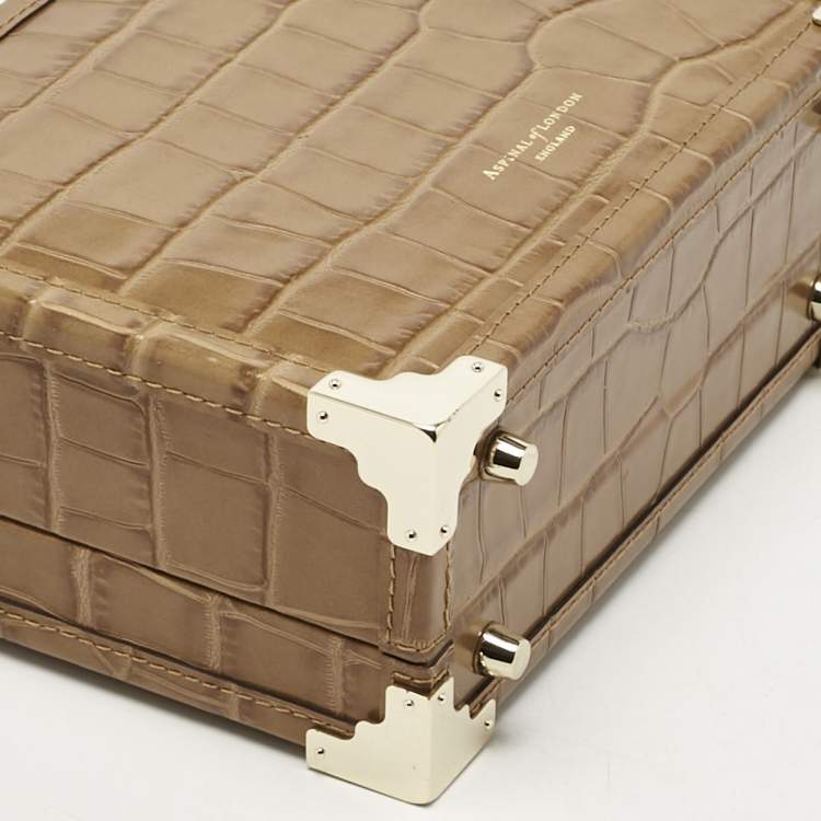 Pre Owned Aspinal Of London Tan Croc Embossed Leather Trunk Top Handle Bag