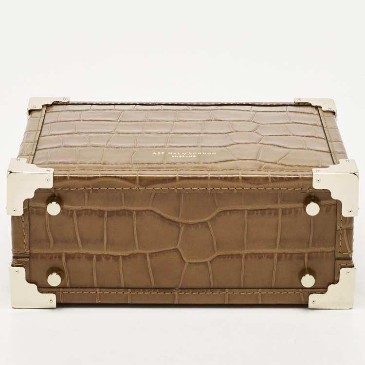 Pre Owned Aspinal Of London Tan Croc Embossed Leather Trunk Top Handle Bag