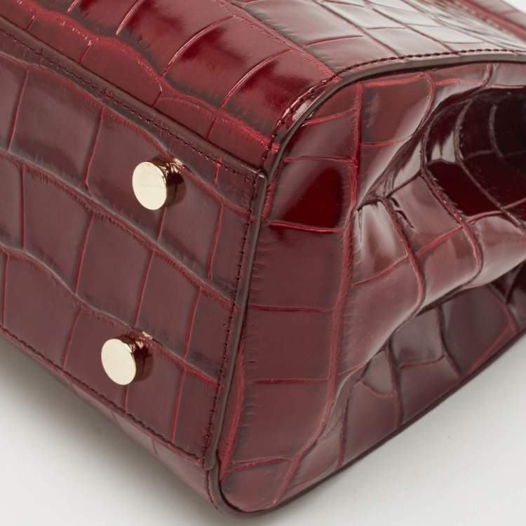 Pre Owned Aspinal Of London Burgundy Croc Embossed Leather Top Handle Bag