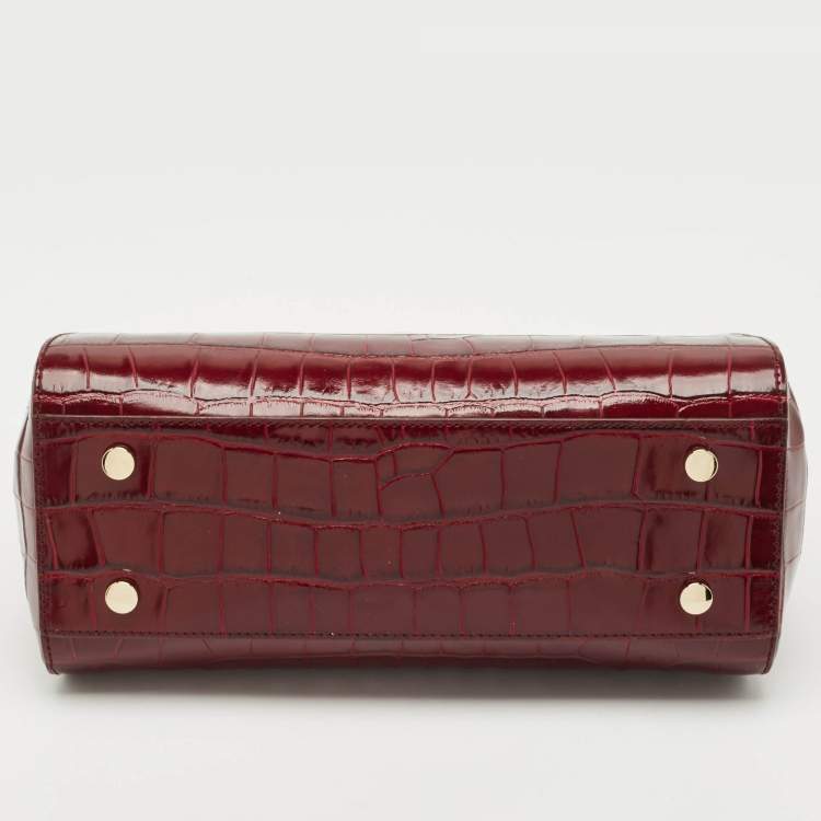 Pre Owned Aspinal Of London Burgundy Croc Embossed Leather Top Handle Bag