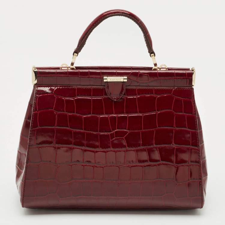 Pre Owned Aspinal Of London Burgundy Croc Embossed Leather Top Handle Bag