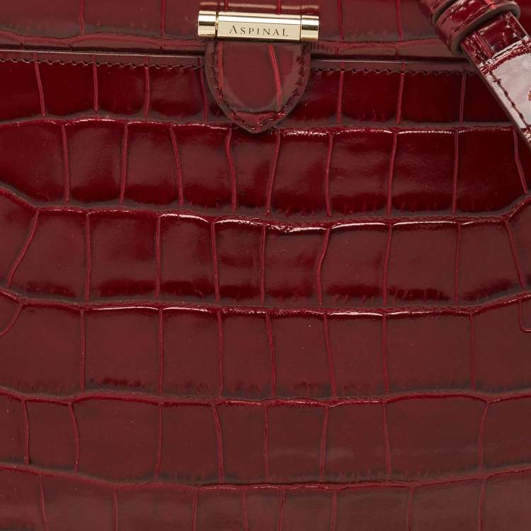 Pre Owned Aspinal Of London Burgundy Croc Embossed Leather Top Handle Bag