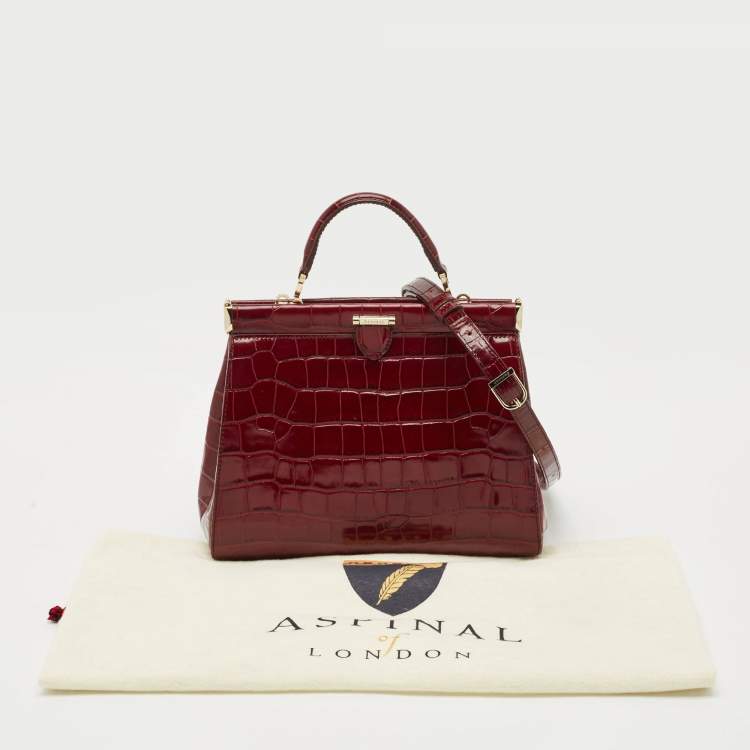Pre Owned Aspinal Of London Burgundy Croc Embossed Leather Top Handle Bag