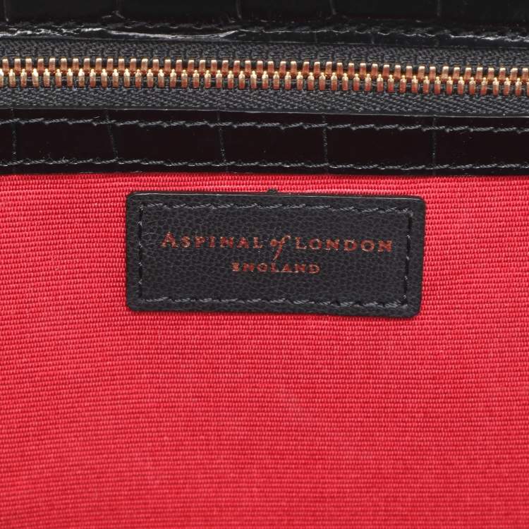 Pre Owned Aspinal of London Black Croc Embossed Leather and Velvet Trinket Top Handle Bag 