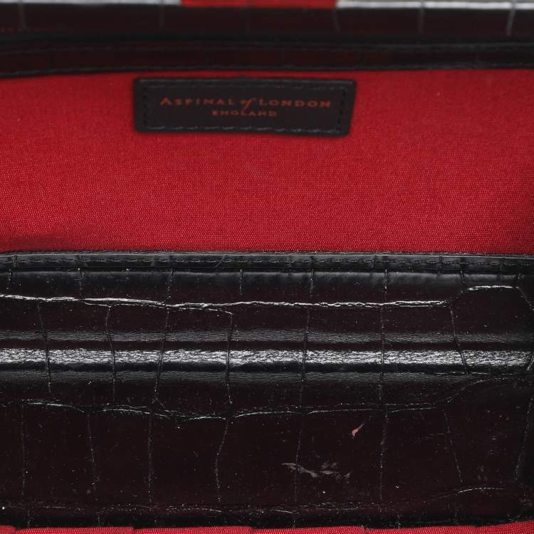 Pre Owned Aspinal of London Black Croc Embossed Leather and Velvet Trinket Top Handle Bag 