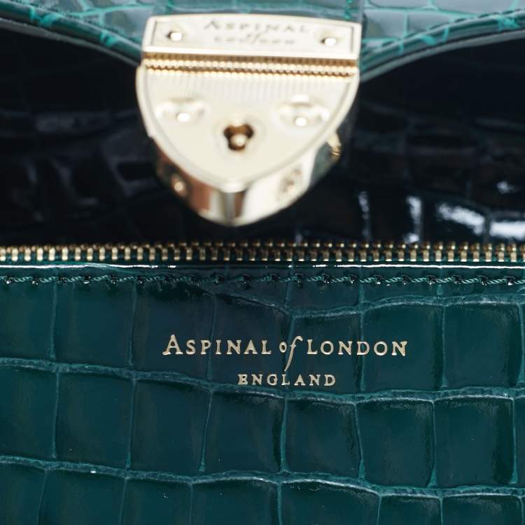 Pre Owned Aspinal of London Green Croc Embossed Patent Leather Small Mayfair Top Handle Bag