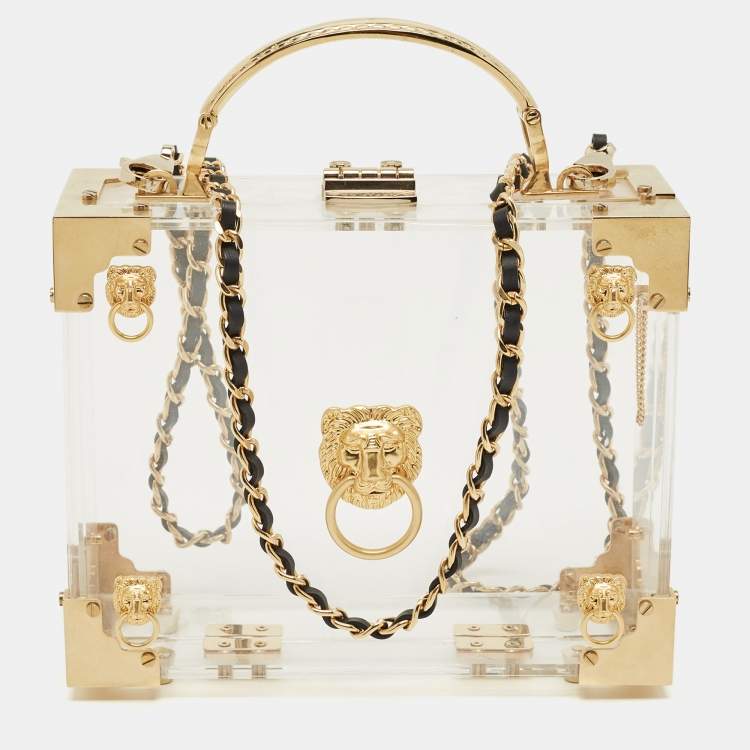 Pre Owned Aspinal Of London Gold/Clear Acrylic Trunk Top Handle Bag
