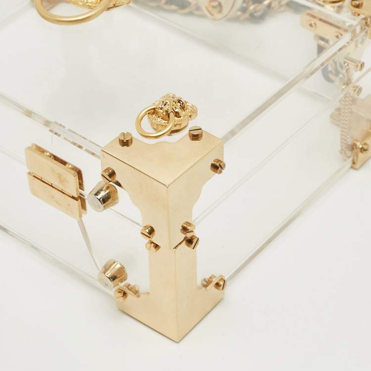 Pre Owned Aspinal Of London Gold/Clear Acrylic Trunk Top Handle Bag