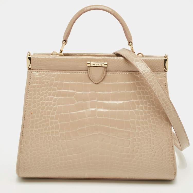 مملوكة مسبقًا Aspinal Of London Florence Small Beige Croc Embossed Patent Leather Top Handle Bag