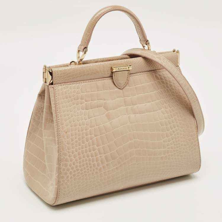 مملوكة مسبقًا Aspinal Of London Florence Small Beige Croc Embossed Patent Leather Top Handle Bag