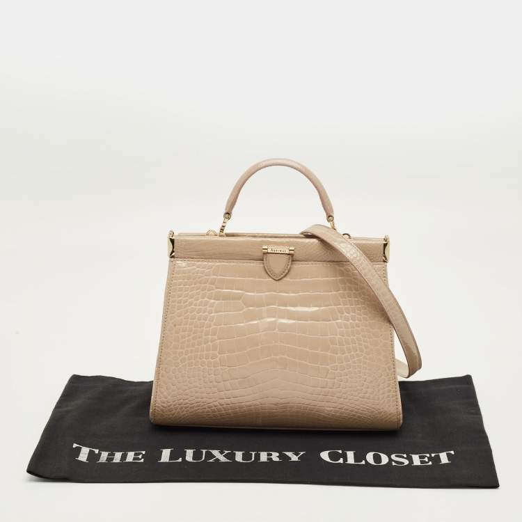 مملوكة مسبقًا Aspinal Of London Florence Small Beige Croc Embossed Patent Leather Top Handle Bag
