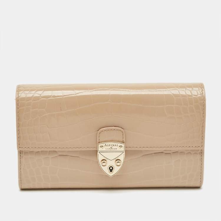 Pre Owned Aspinal Of London Mayfair Beige Croc Embossed Patent Leather Continental Wallet