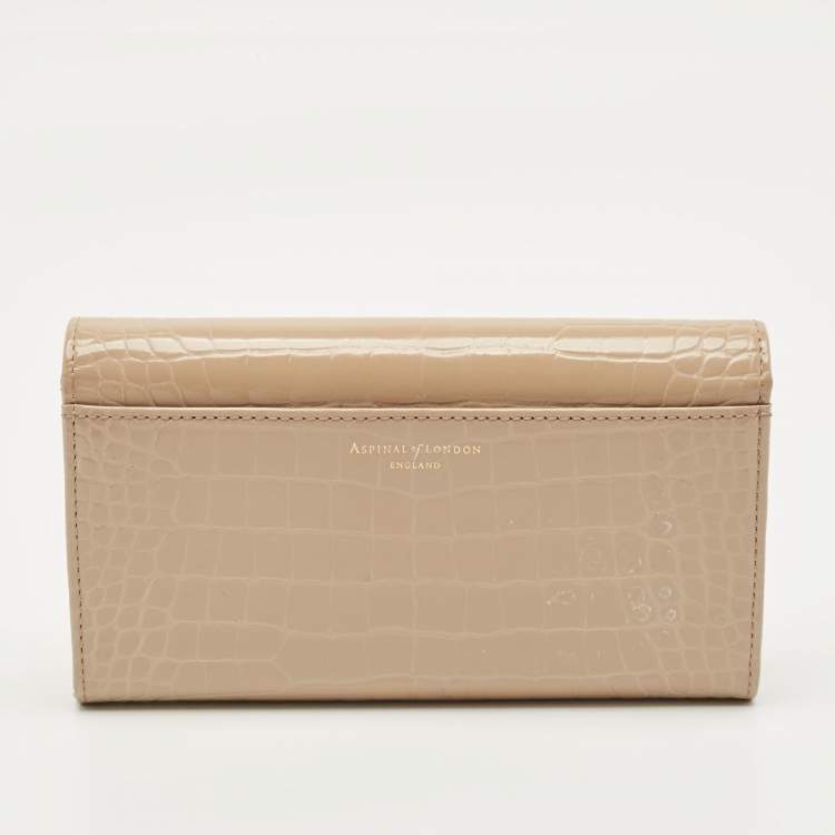 Pre Owned Aspinal Of London Mayfair Beige Croc Embossed Patent Leather Continental Wallet