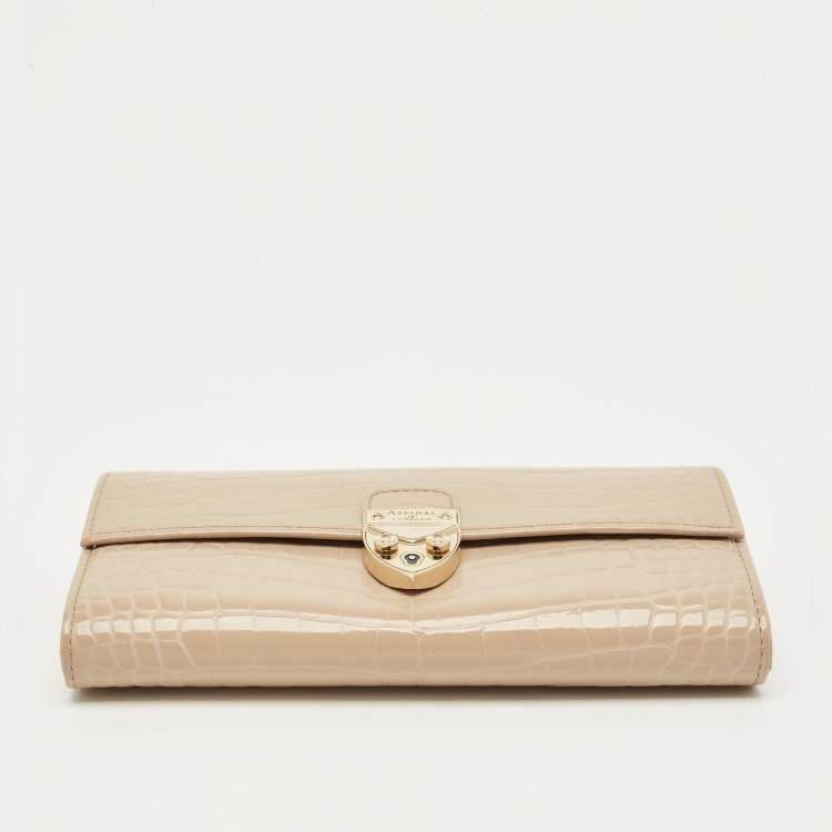 Pre Owned Aspinal Of London Mayfair Beige Croc Embossed Patent Leather Continental Wallet