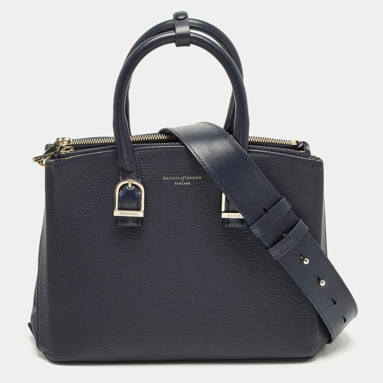 Pre Owned Aspinal Of London Midi Madison Navy Blue Leather Tote