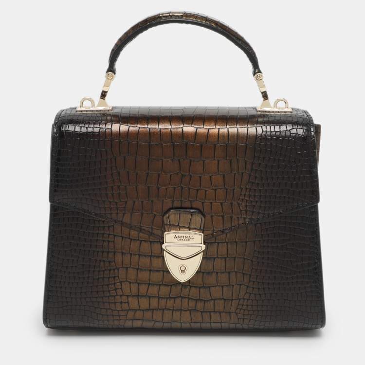 Pre Owned Aspinal Of London Mayfair Black/Gold Croc Embossed Leather Top Handle Bag