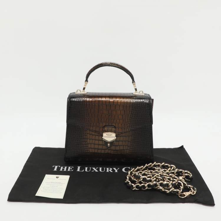 Pre Owned Aspinal Of London Mayfair Black/Gold Croc Embossed Leather Top Handle Bag