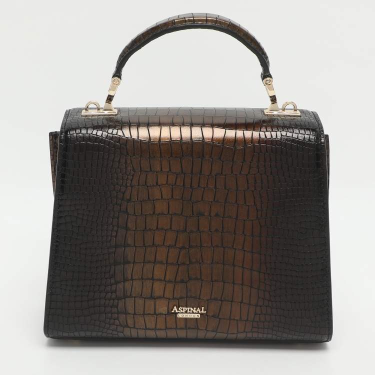 Pre Owned Aspinal Of London Mayfair Black/Gold Croc Embossed Leather Top Handle Bag