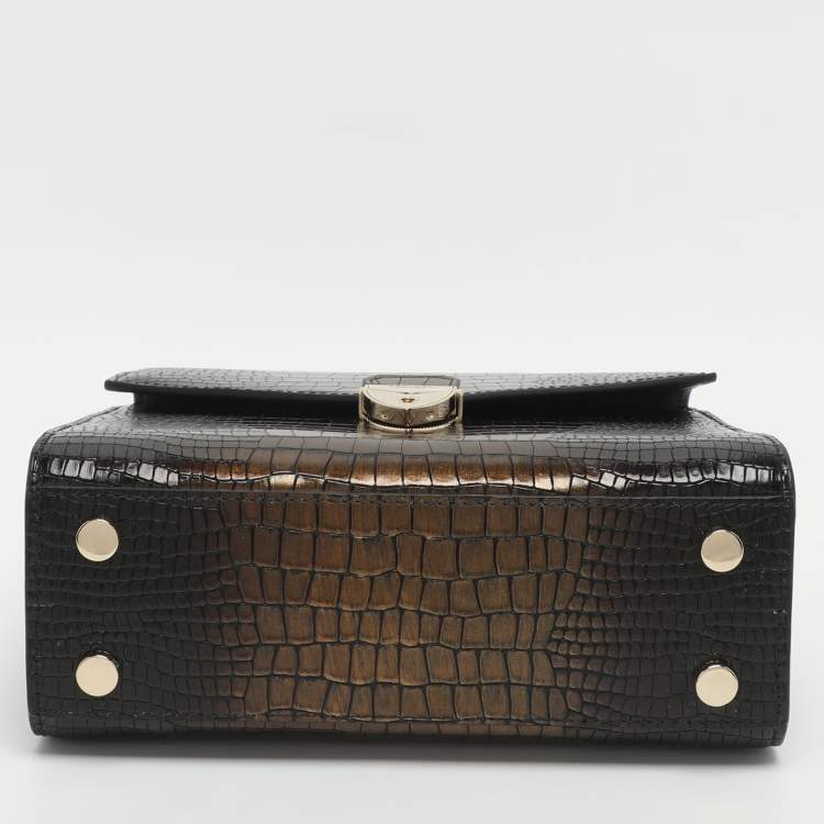 Pre Owned Aspinal Of London Mayfair Black/Gold Croc Embossed Leather Top Handle Bag