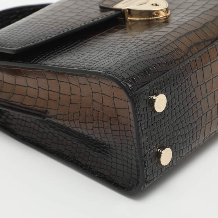 Pre Owned Aspinal Of London Mayfair Black/Gold Croc Embossed Leather Top Handle Bag