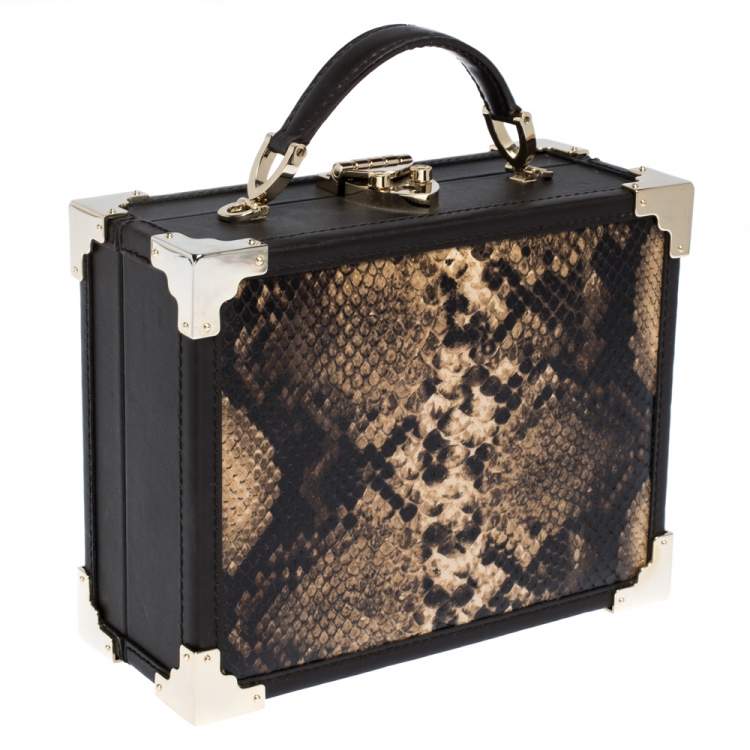 Pre Owned Aspinal of London Brown Leather and Python Effect Mini Trunk Top Handle Bag