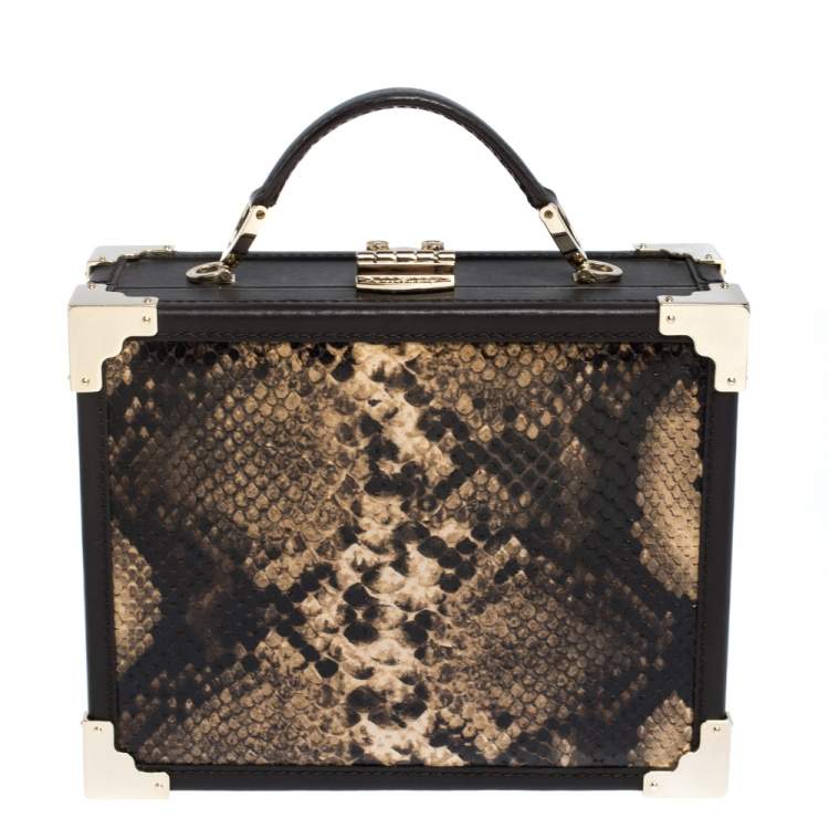 Pre Owned Aspinal of London Brown Leather and Python Effect Mini Trunk Top Handle Bag