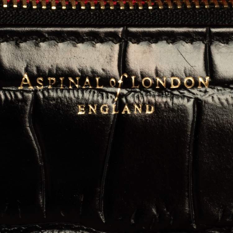 Pre Owned Aspinal of London Black Croc Embossed Leather Small Mayfair Top Handle Bag
