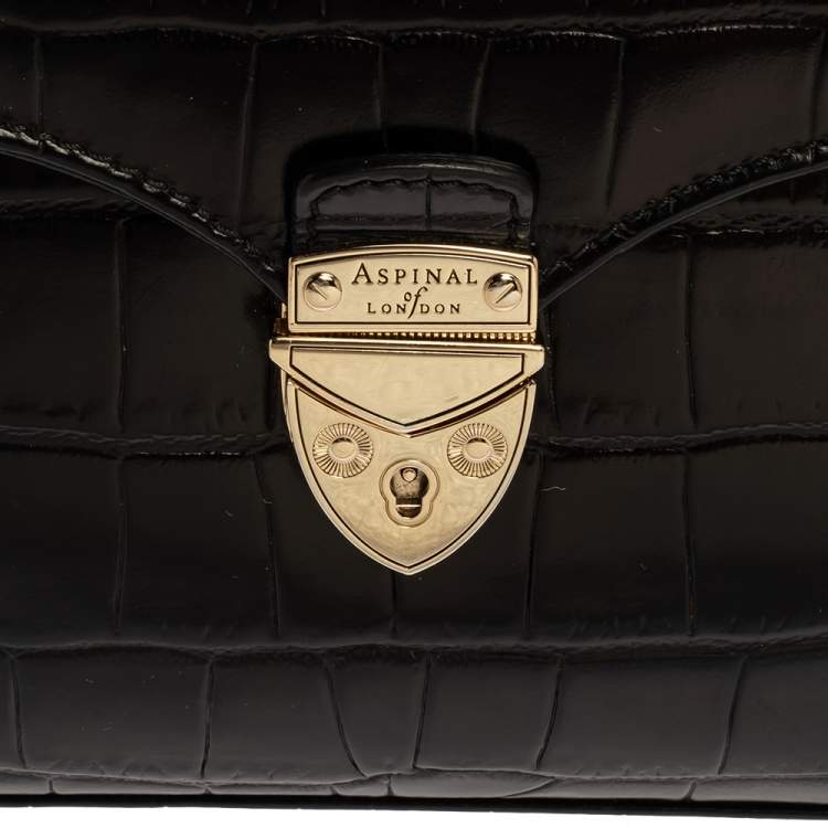 Pre Owned Aspinal of London Black Croc Embossed Leather Small Mayfair Top Handle Bag