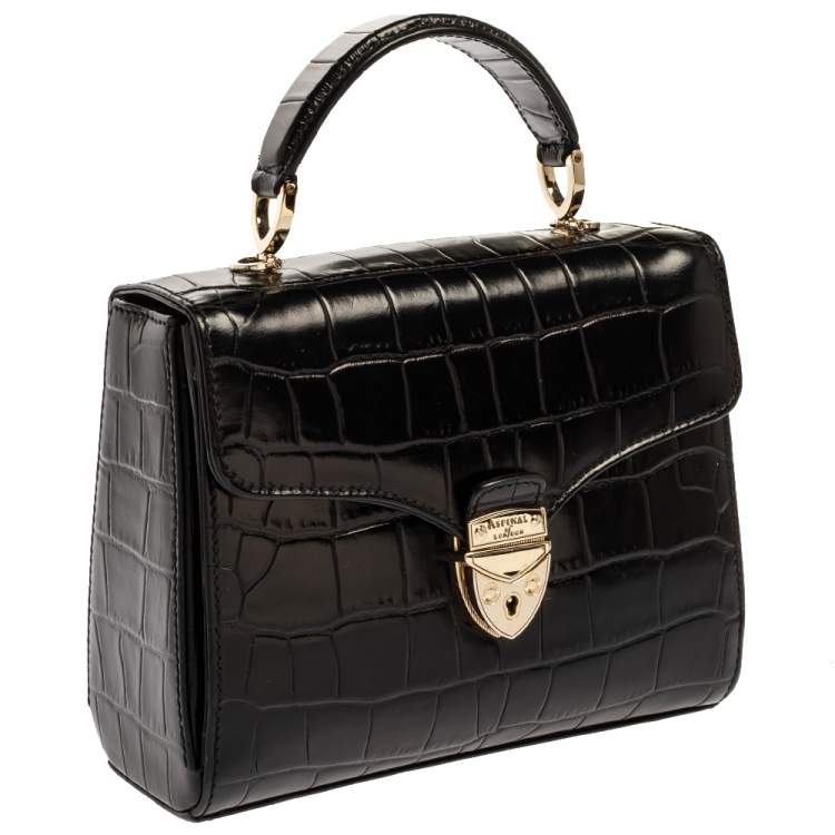 Pre Owned Aspinal of London Black Croc Embossed Leather Small Mayfair Top Handle Bag