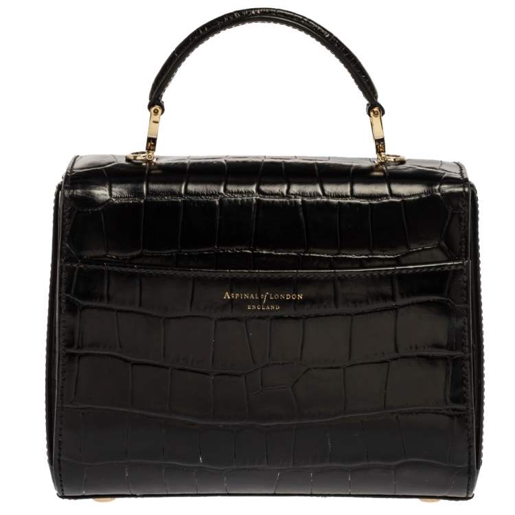 Pre Owned Aspinal of London Black Croc Embossed Leather Small Mayfair Top Handle Bag