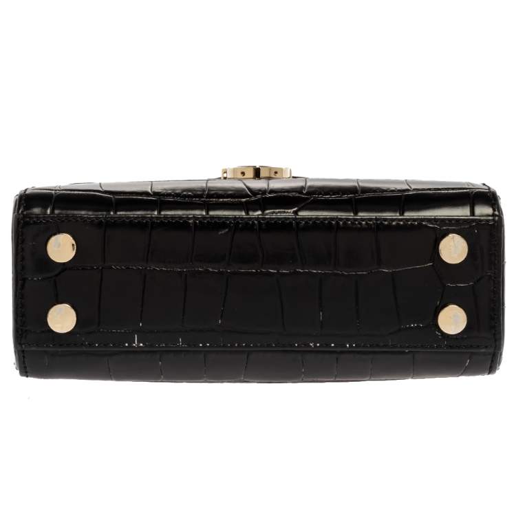 Pre Owned Aspinal of London Black Croc Embossed Leather Small Mayfair Top Handle Bag