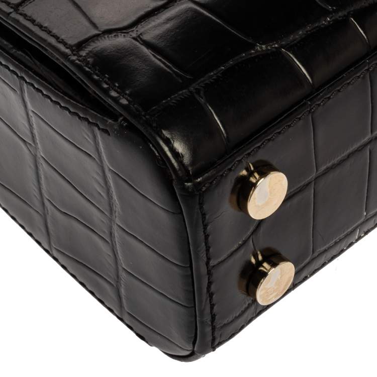 Pre Owned Aspinal of London Black Croc Embossed Leather Small Mayfair Top Handle Bag