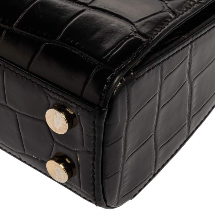 Pre Owned Aspinal of London Black Croc Embossed Leather Small Mayfair Top Handle Bag