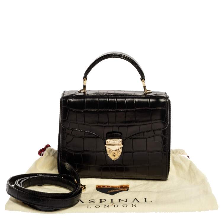 Pre Owned Aspinal of London Black Croc Embossed Leather Small Mayfair Top Handle Bag