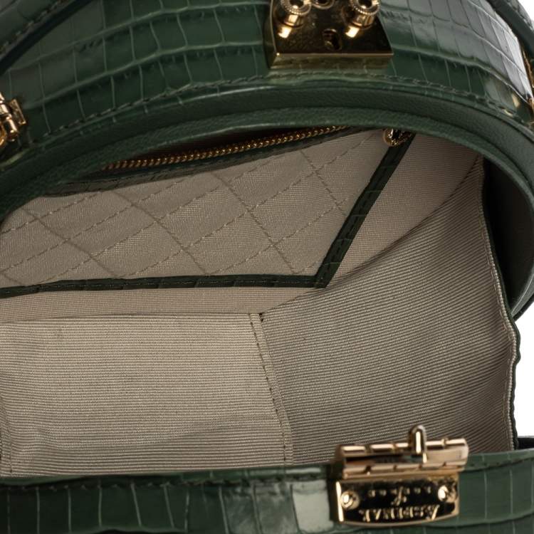 Pre Owned Aspinal Of London Green Croc Embossed Leather Hat Box Shoulder Bag