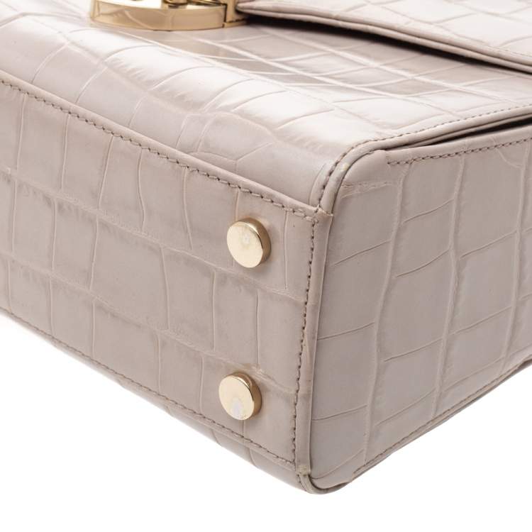 Pre Owned Aspinal Of London Beige Croc Embossed Leather Mayfair Top Handle Bag