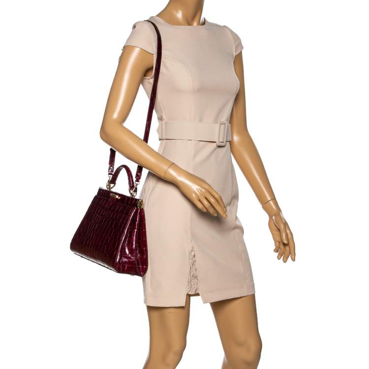 Pre Owned Aspinal Of London Maroon Croc Embossed Leather Top Handle Bag