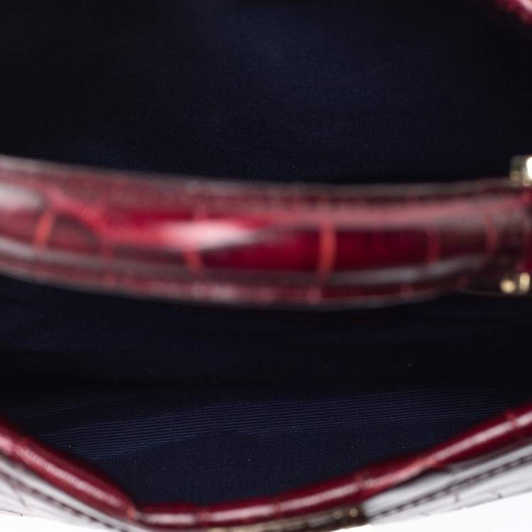 Pre Owned Aspinal Of London Maroon Croc Embossed Leather Top Handle Bag