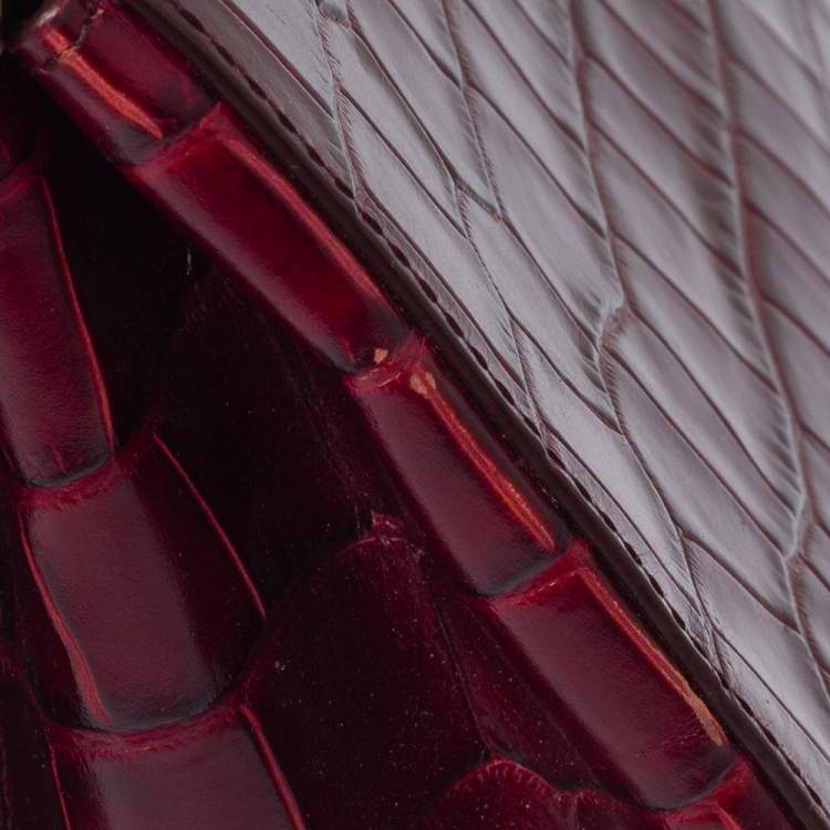 Pre Owned Aspinal Of London Maroon Croc Embossed Leather Top Handle Bag