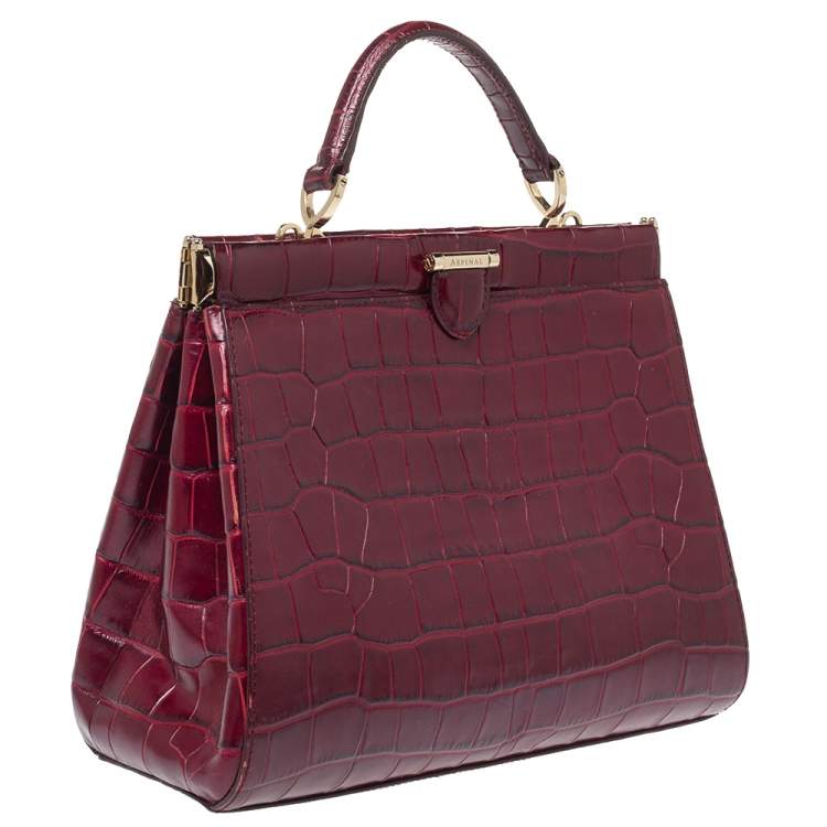 Pre Owned Aspinal Of London Maroon Croc Embossed Leather Top Handle Bag