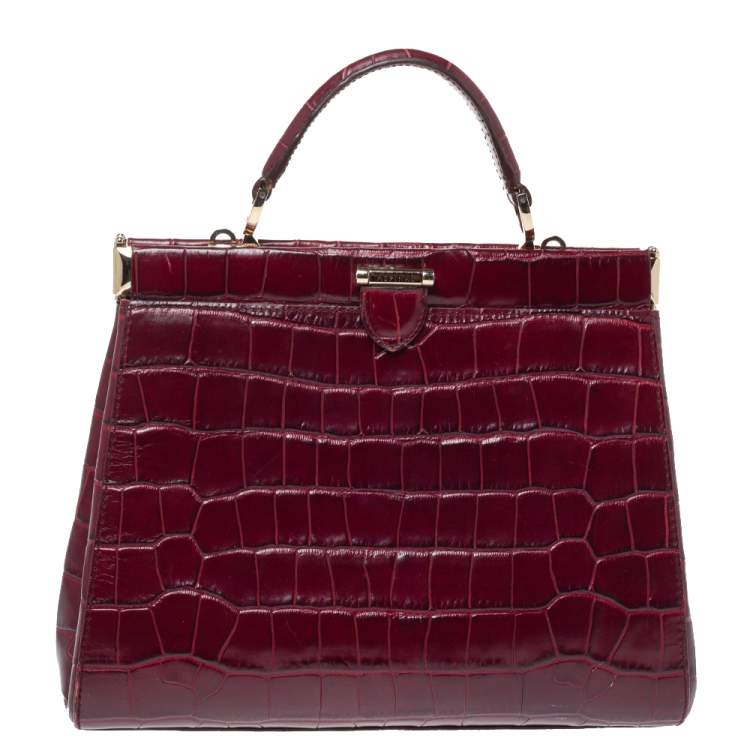 Pre Owned Aspinal Of London Maroon Croc Embossed Leather Top Handle Bag
