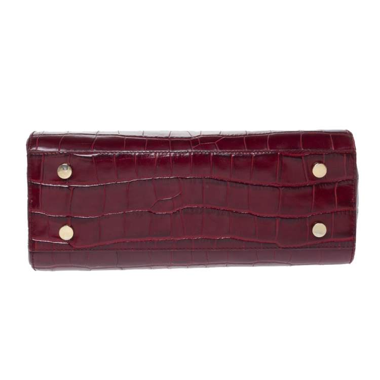Pre Owned Aspinal Of London Maroon Croc Embossed Leather Top Handle Bag