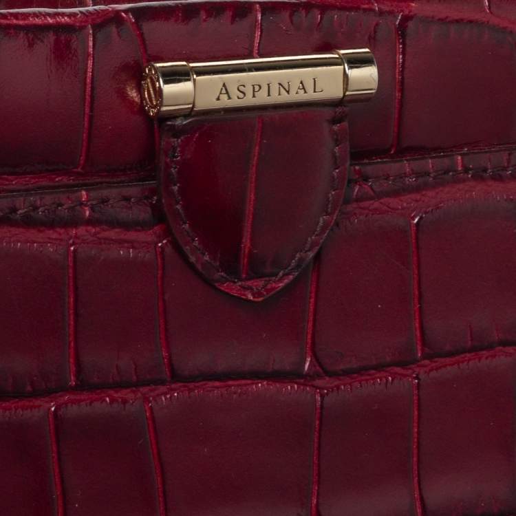 Pre Owned Aspinal Of London Maroon Croc Embossed Leather Top Handle Bag
