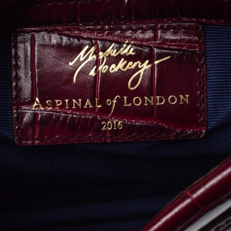 Pre Owned Aspinal Of London Maroon Croc Embossed Leather Top Handle Bag